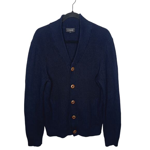 Express Men's Cardigan Sweater Grandpa Medium Navy Shawl Collar Preppy Cotton - Picture 1 of 8